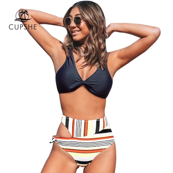 Cupshe Other - CUPSHE Navy & Stripe Cutout High-Waisted Bikini